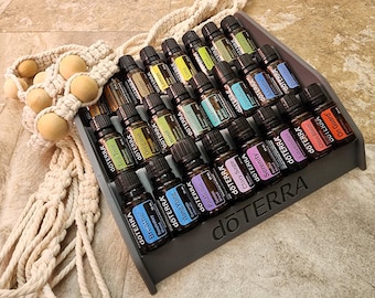 Puede incluir: Un estante de almacenamiento de plástico gris con la palabra "dōTERRA" impresa en la parte delantera. El estante contiene 18 pequeñas botellas de vidrio con etiquetas que incluyen las palabras "dōTERRA" y los nombres de diferentes aceites esenciales.