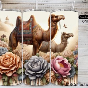 May include: A digital download of a sublimation design featuring two camels with floral accents. The camels are adorned with colorful patterns and are walking through a field of flowers. The design is perfect for creating custom tumblers, mugs, and other personalized items.