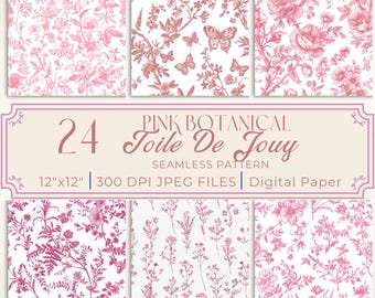 Pink Toile De Jouy Digital Paper: Botanical French Printable (Digital Download)