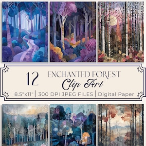 Peut inclure: Ensemble de 12 images clipart "Forêt Enchantée". L'art présente des illustrations à l'aquarelle de forêts fantaisistes dans des tons de bleu, de violet et d'orange. Les images mesurent 21,6 x 27,9 cm et sont des fichiers JPEG 300 DPI.