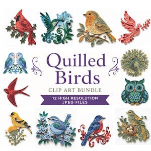May include: A digital clip art bundle titled Quilled Birds featuring 12 high-resolution JPEG files of various birds crafted in a paper quilling style. The collection includes a red cardinal, hummingbird, robin, dove, owl, peacock, and other colorful avian designs.