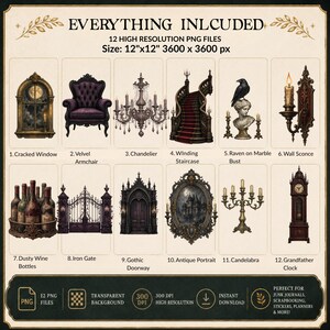 May include: A digital collection of 12 high-resolution PNG files featuring gothic-themed illustrations including a cracked window, velvet armchair, chandelier, winding staircase, raven on a bust, wall sconce, wine bottles, iron gate, doorway, portrait, candelabra, and grandfather clock.