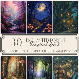 Può includere: Un set di 30 stampe digitali d'arte che rappresentano foreste incantate. Le immagini mostrano diverse scene, tra cui un sentiero boschivo illuminato dalla luna, una cascata in una foresta rosa e una casa sull'albero con finestre luminose. Il testo "30 Enchanted Forest Digital Art" è visualizzato al centro dell'immagine. Il testo "8.5"x11" | 300 DPI JPEG FILES | Digital Paper" è visualizzato sotto il testo principale.