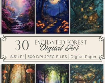 Enchanted Forest Digital Paper: Vintage Woodland Art (30 Printable 8.5x11 JPEG)