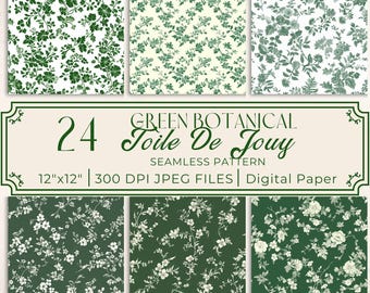 Green Botanical Toile De Jouy Digital Paper Seamless Wildflower Junk Journal Sage Green and White Chinoiserie Paper French Toile Printable