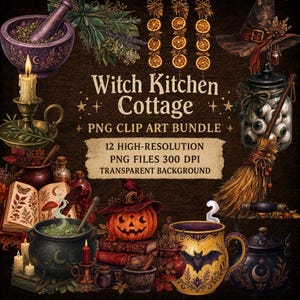 May include: A digital art collection titled Witch Kitchen Cottage PNG Clip Art Bundle featuring illustrations of a mortar and pestle, dried orange slices, a witch hat, a jar of eyeballs, a broom, a cauldron, a book, and a pumpkin.