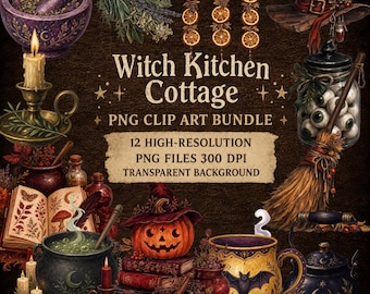Heksenkeuken clipartbundel, donkere Cottagecore transparante png, Witchy Junk Journal, scrapbooking, kaarten maken