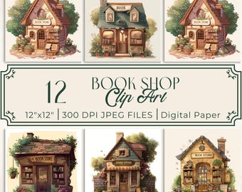Bookstore Clip Art Bundle: Whimsical Book Shop Digital Paper (Digital Download)