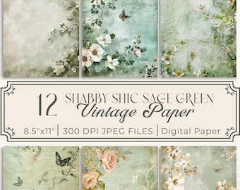Sage Green Floral Digital Paper: Shabby Chic Scrapbook (Digital Download)