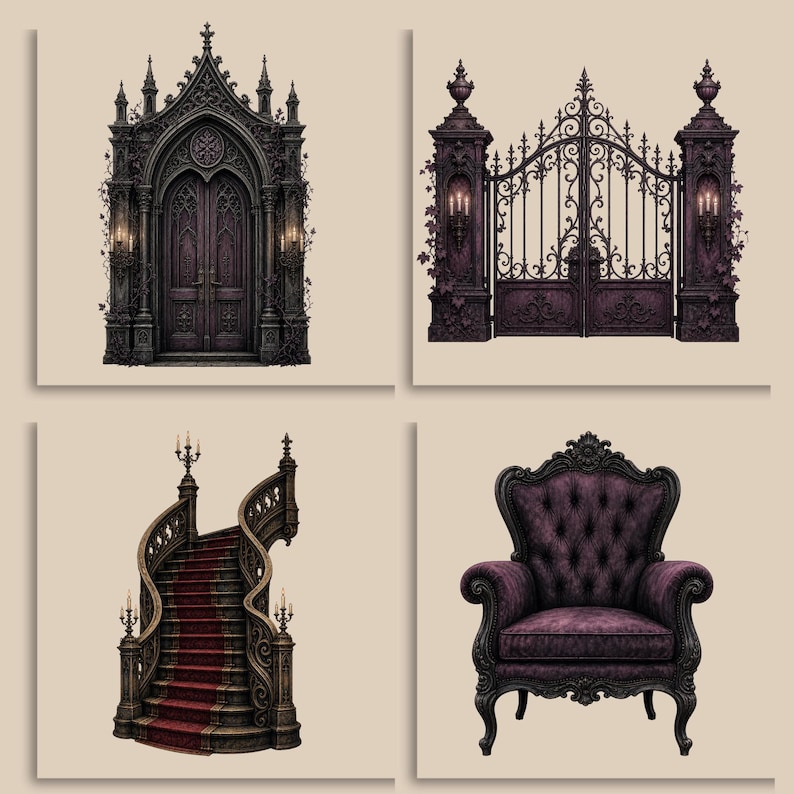 May include: A collection of four dark purple and black architectural elements including a double door, an ornate metal gate, a curved staircase with a red runner, and a tufted armchair with dark wood framing and deep purple fabric upholstery.