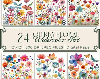 Quirky Flowers Clip Art Bundle Watercolor Floral Digital Paper Junk Journaling, Scrapbooking, Card Making, Journal Inserts Paper Printables