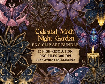 Mottenclipartbundel, Hemelse Nachttuin transparante PNG, Mystieke mot, Sublimatie, Junk Journal, Scrapbooking, Kaarten maken