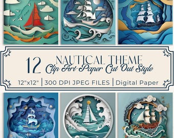 Nautical Clipart Bundle: Paper Cut Ocean Designs (Digital Download, 12x12 JPEG)
