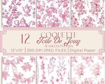 Toile De Jouy Digital Paper: Pink Floral Seamless Pattern (Digital Download)