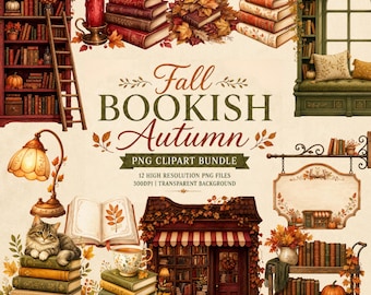 Fall Bookish Clipart Autumn Books Watercolor PNG Bundle Cozy Library Clip Art Vintage Book Sublimation Junk Journal Card Making
