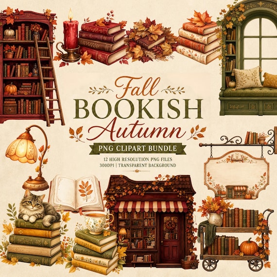 Fall Bookish Clipart Autumn Books Watercolor PNG Bundle Cozy Library Clip Art Vintage Book Sublimation Junk Journal Card Making