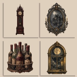 May include: A collection of four items: a tall dark wood grandfather clock, an oval ornate mirror frame containing a dark mansion scene, a circular metal rack holding six wine bottles with cobwebs, and an arched window frame showing a full moon.