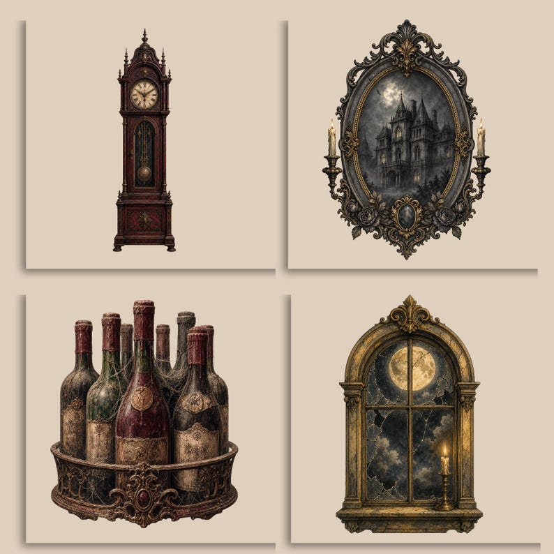 May include: A collection of four items: a tall dark wood grandfather clock, an oval ornate mirror frame containing a dark mansion scene, a circular metal rack holding six wine bottles with cobwebs, and an arched window frame showing a full moon.