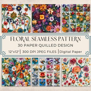 Blompapper Quilled Seamless Pattern: Färgglatt Scrapbook-papper (Digital Nedladdning)