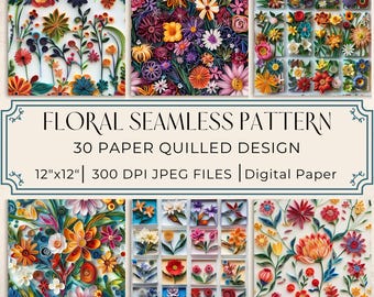 Floral Paper Quilled Seamless Pattern: Colorful Scrapbook Paper (Digital Download)