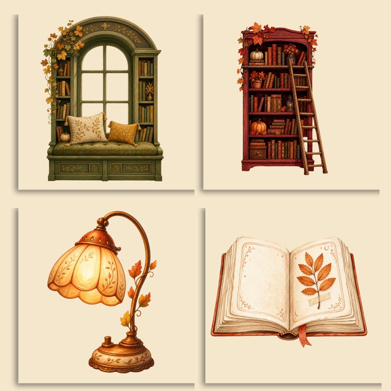 Op de afbeelding: Een set van vier illustraties met een groene vensterbank met kussens, een hoge rode boekenkast met een ladder en pompoenen, een koperen bureaulamp met een bloemrijke glazen kap en een open boek met een illustratie van een blad op de pagina.
