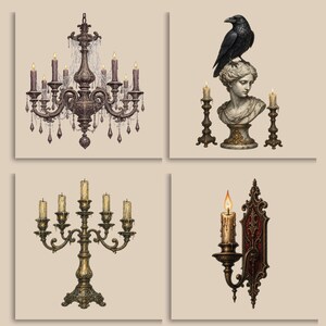May include: A collection of four illustrations featuring a dark ornate chandelier with cobwebs, a stone bust with a black raven and two candle holders, a five-arm metallic candelabra with candles, and a wall-mounted sconce with a single lit candle.