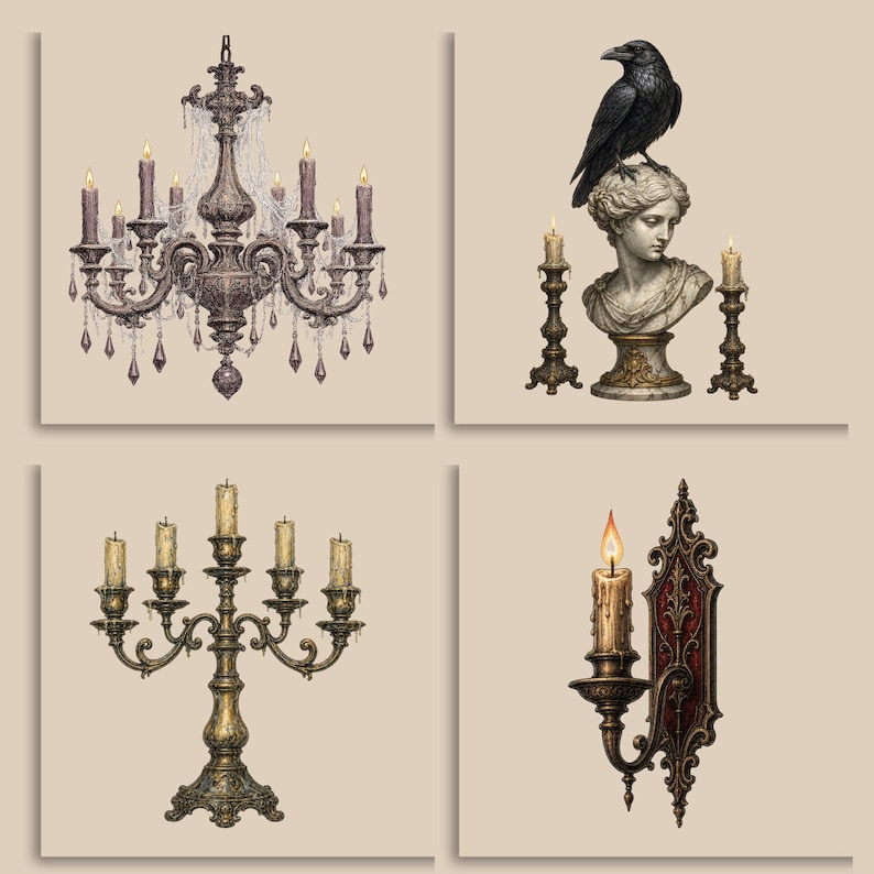 May include: A collection of four illustrations featuring a dark ornate chandelier with cobwebs, a stone bust with a black raven and two candle holders, a five-arm metallic candelabra with candles, and a wall-mounted sconce with a single lit candle.