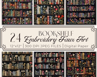 Vintage Bookshelf Embroidery Digital Paper: Bookish Scrapbook (Digital Download)