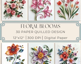 Floral Blooms Paper Quilled Digital Paper Quilled Botanical Printable Paper Journal Supplies, Nursery Wall Art Scrapbook Kit Journal Inserts