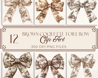 Brown Coquette Toile Bow Clipart Bundle, Floral Mocha Mousse Toile, Chinoiserie Clipart, Bow Png file, Ribbons, Card Making, Shirt Design