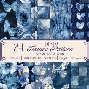 Denim Cottagecore Carta digitale Cuore blu Inserto per diario spazzatura Carta per scrapbooking blu rustico Jeans blu Motivo senza cuciture Floreale, farfalla