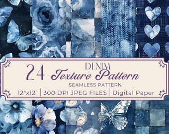 Denim Cottagecore Digital Paper: Floral, Heart, Butterfly (12x12in JPEG)