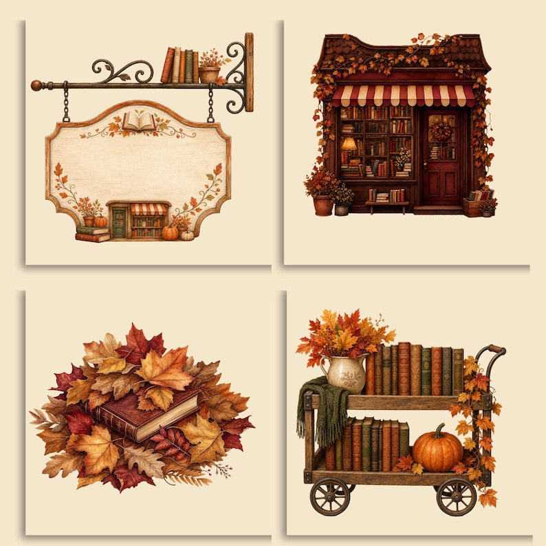 Herfstboekclipart, herfstboeken, aquarel PNG-bundel, gezellige bibliotheekclipart, vintage boeksublimatie, junk journal, kaarten maken afbeelding 3