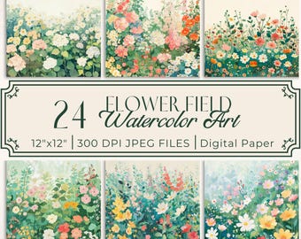 Flower Field Clip Art Bundle Watercolor Floral Digital Paper Junk Journaling, Scrapbooking, Card Making, Journal Inserts Printables