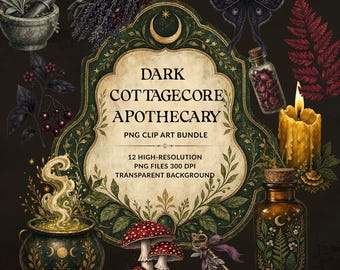 Donkere Cottagecore Apotheker Clipartbundel Transparante PNG Witchy Junk Journal, Scrapbooking, Kaarten maken