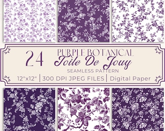 Purple Toile De Jouy Digital Paper: Floral Scrapbook Background (Digital Download)