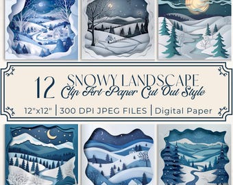 Snowy Mountain Clipart Bundle: Winter Paper Cut Designs (Digital Download, 12x12in JPEG)