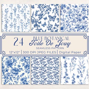 Blue Botanical Toile De Jouy Digital Paper Seamless Wildflower Junk Journal Blue and White Chinoiserie Background French Toule Printable