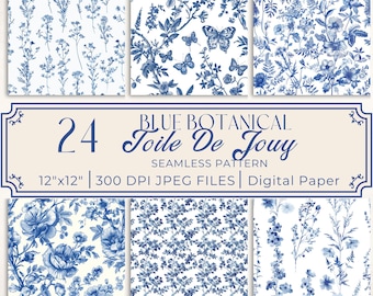 Blue Toile De Jouy Digital Paper: Botanical Junk Journal (Digital Download)