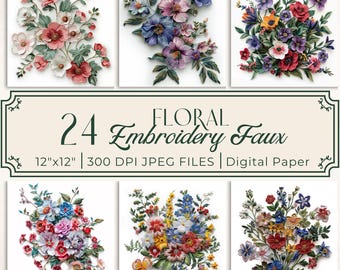 Faux Embroidery Flowers Clip Art Bundle  Floral Digital Paper Junk Journaling, Scrapbooking, Card Making, Journal Inserts Paper Printables