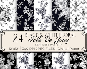Black Toile De Jouy  Digital Paper Wildflower Junk Journal Black & White Chinoiserie Background French Toule Printable Seamless Pattern