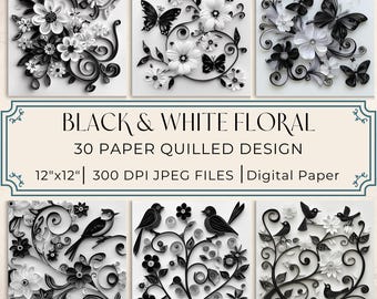 Black & White Paper Quilled Floral Designs: Scrapbooking Kit (Digital Download)