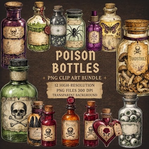 Häxiga giftflaskor Clipart-paket Transparent PNG Häxig skräpjournal Gotisk scrapbookingkorttillverkning