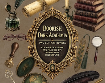 Bookish Dark Academia clipart-bundel, transparante png, sublimatie, Witchy Junk Journal, vintage kunst scrapbooking, kaarten maken