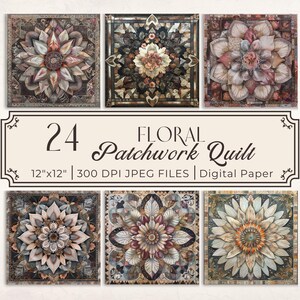 Op de afbeelding: Set van 24 digitale papierontwerpen met bloemmotieven in patchwork-quiltpatronen in tinten bruin, beige en wit. Elk ontwerp is 30,5 cm bij 30,5 cm en 300 DPI.