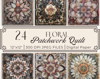 Floral Quilt Digital Paper: Vintage Flower Scrapbook (Digital Download)