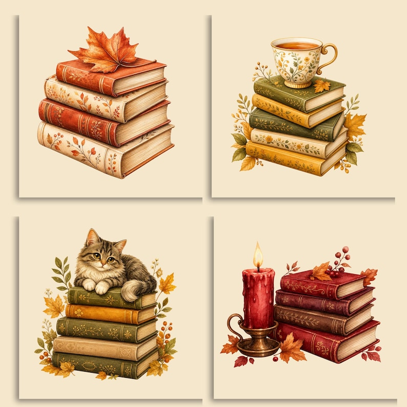 Op de afbeelding: Een set van vier illustraties met stapels boeken. E&eacute;n stapel heeft een esdoornblad, een andere een bloemrijke theekop, &eacute;&eacute;n een cyperse kat die erop rust, en de laatste stapel bevat een brandende rode kaars in een metalen houder.