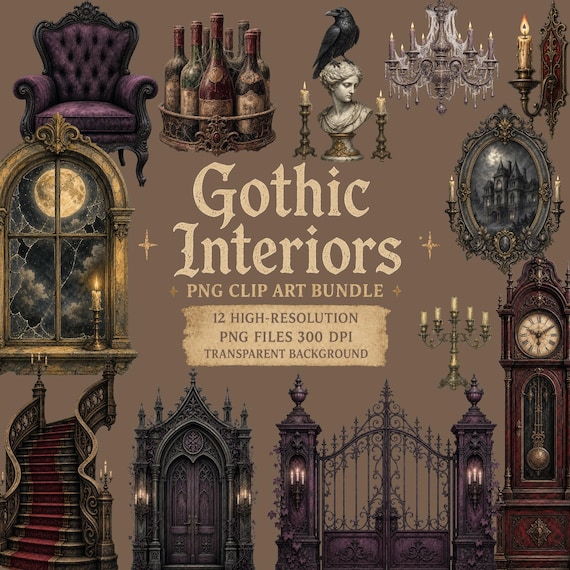 Gothic Interiors Clipart Victorian Dark Academia PNG Bundle Haunted Manors Clip Art Sublimation Halloween Scrapbook Card Making