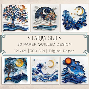 May include: A set of 30 digital paper designs featuring intricate paper quilled artwork of starry skies, moons, and waves. The designs are 12 inches by 12 inches and 300 DPI.