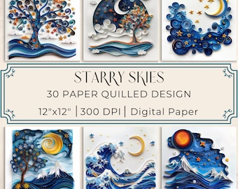 Starry Skies Paper Quilled Digital Paper Quilled Sky Printable Paper, Journal Supplies, Nursery Wall Art, Scrapbook Supplies Journal Inserts